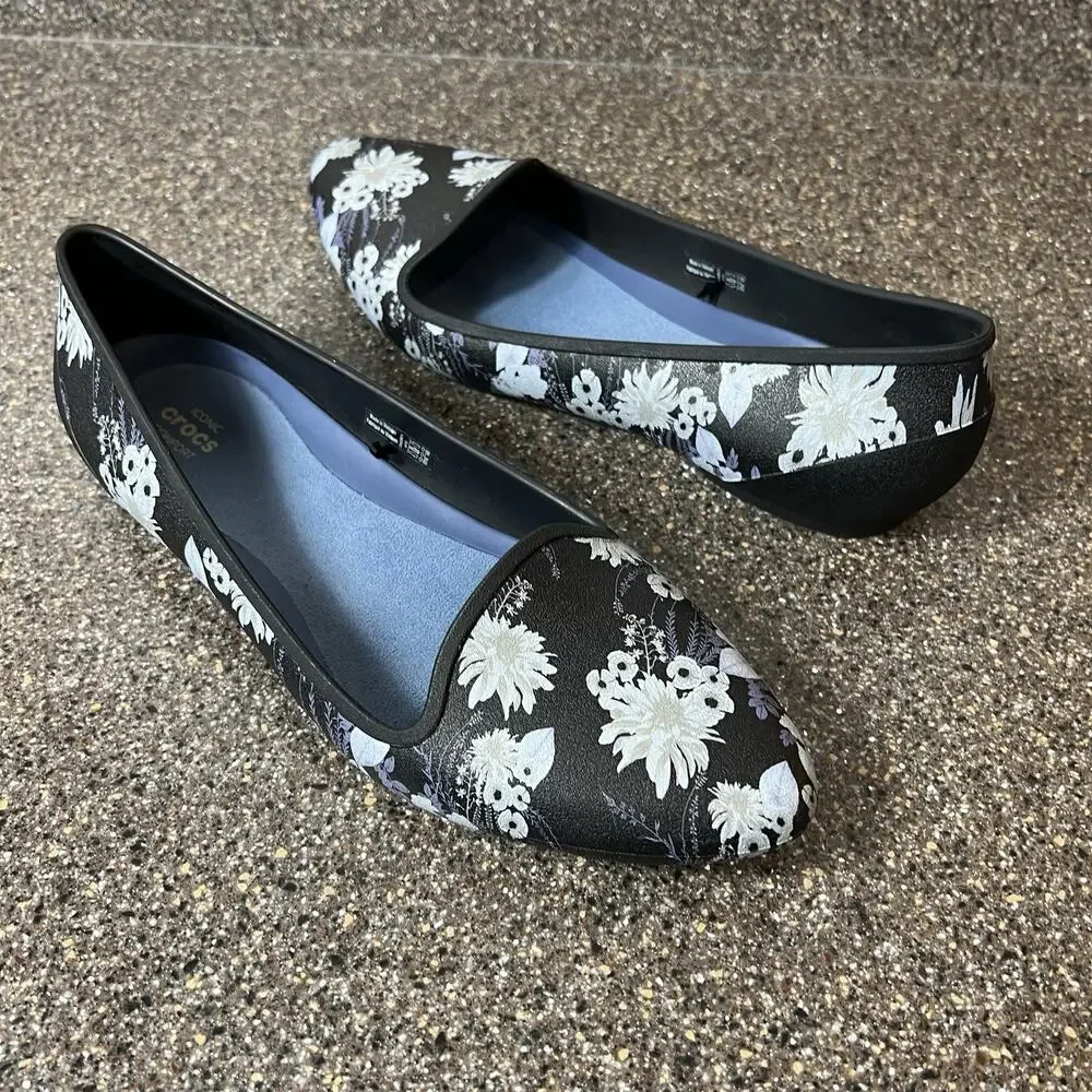 Crocs Iconic Comfort Casual Shoes Black Floral Womens Sz 10 Slip On Flats Loafer